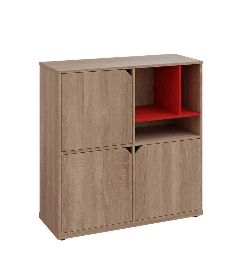 KU3-10DN3 P skříňka 3-dvéřová, niky, 1054x1022x400 mm, provedení pravé, korpus a dvířka dub bardolino/police červená