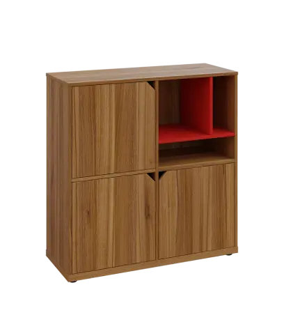 KU3-10DN3 P skříňka 3-dvéřová, niky, 1054x1022x400 mm, provedení pravé, korpus a dvířka ořech světlý/police červená