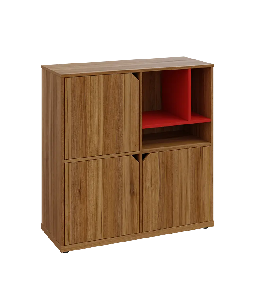 KU3-10DN3 P skříňka 3-dvéřová, niky, 1054x1022x400 mm, provedení pravé, korpus a dvířka ořech světlý/police červená