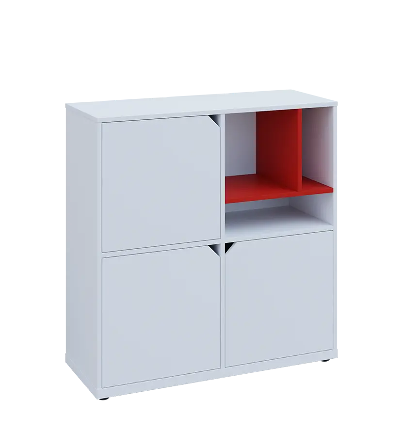KU3-10DN3 P skříňka 3-dvéřová, niky, 1054x1022x400 mm, provedení pravé, korpus a dvířka bílá sněžná/police červená