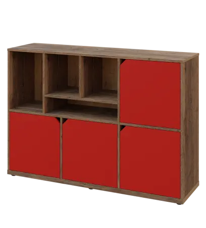 KU3-15DN4 L skříňka 4-dvéřová, niky, 1054x1522x400 mm, provedení levé, dub halifax cínový/červená