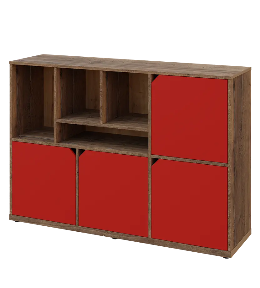 KU3-15DN4 L skříňka 4-dvéřová, niky, 1054x1522x400 mm, provedení levé, dub halifax cínový/červená