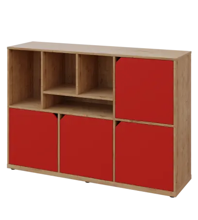 KU3-15DN4 L skříňka 4-dvéřová, niky, 1054x1522x400 mm, provedení levé, dub lite/červená