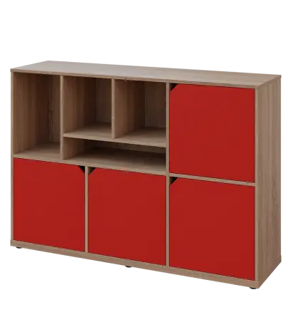 KU3-15DN4 L skříňka 4-dvéřová, niky, 1054x1522x400 mm, provedení levé, dub bardolino/červená