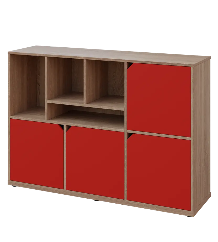 KU3-15DN4 L skříňka 4-dvéřová, niky, 1054x1522x400 mm, provedení levé, dub bardolino/červená