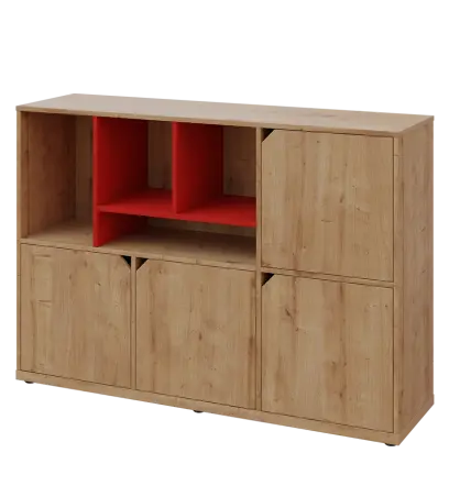 KU3-15DN4 L skříňka 4-dvéřová, niky, 1054x1522x400 mm, provedení levé, korpus a dvířka dub lite/police červená