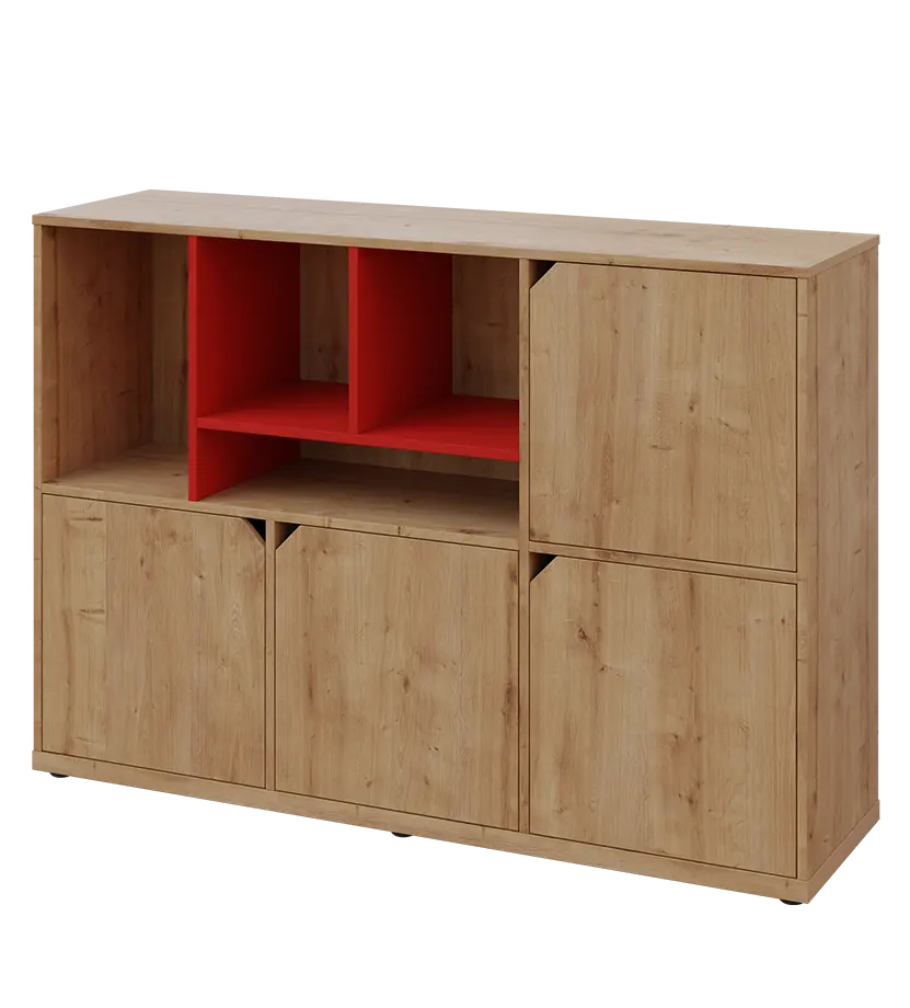 KU3-15DN4 L skříňka 4-dvéřová, niky, 1054x1522x400 mm, provedení levé, korpus a dvířka dub lite/police červená