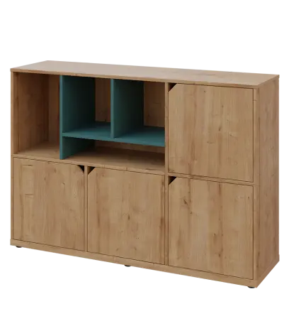 KU3-15DN4 L skříňka 4-dvéřová, niky, 1054x1522x400 mm, provedení levé, korpus a dvířka dub lite/police světle petrolejová