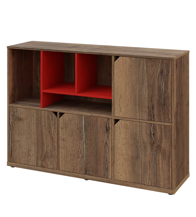 KU3-15DN4 L skříňka 4-dvéřová, niky, 1054x1522x400 mm, provedení levé, korpus a dvířka dub halifax cínový/police červená