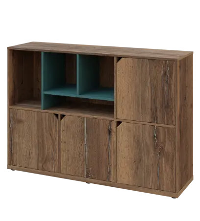 KU3-15DN4 L skříňka 4-dvéřová, niky, 1054x1522x400 mm, provedení levé, korpus a dvířka dub halifax cínový/police světle petrolejová