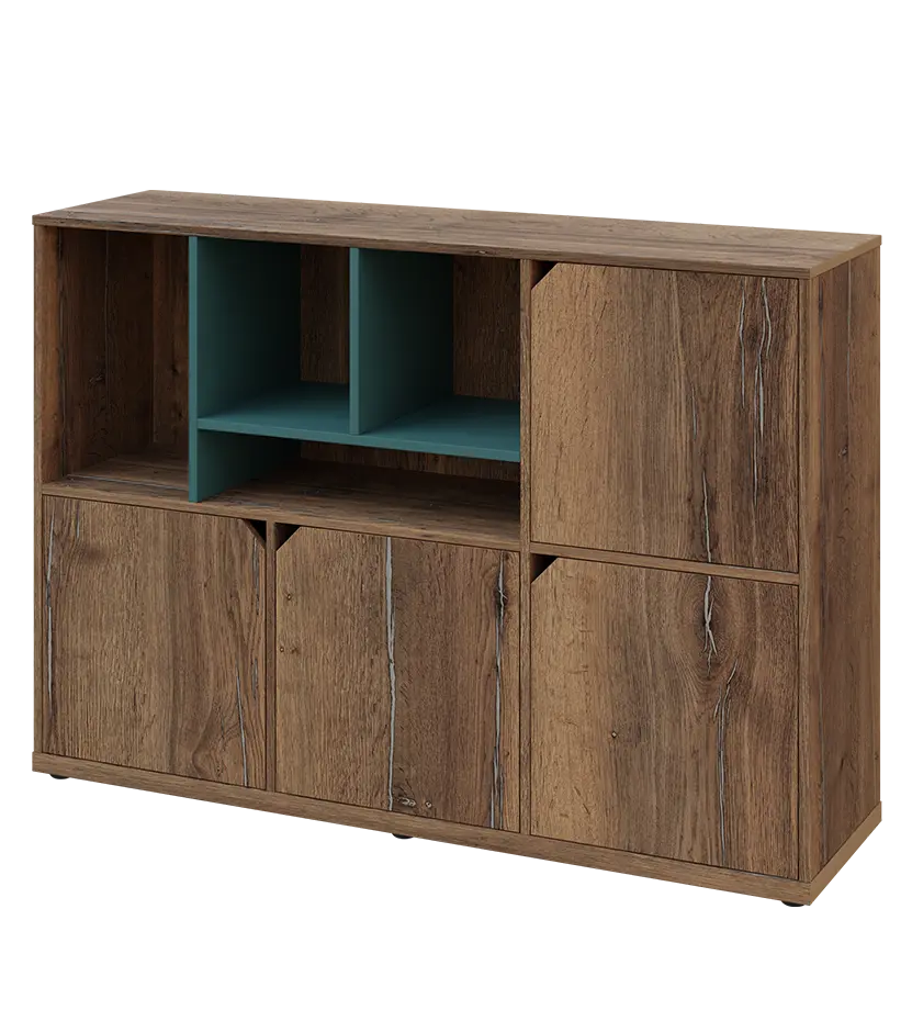 KU3-15DN4 L skříňka 4-dvéřová, niky, 1054x1522x400 mm, provedení levé, korpus a dvířka dub halifax cínový/police světle petrolejová