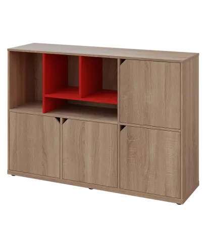 KU3-15DN4 L skříňka 4-dvéřová, niky, 1054x1522x400 mm, provedení levé, korpus a dvířka dub bardolino/police červená