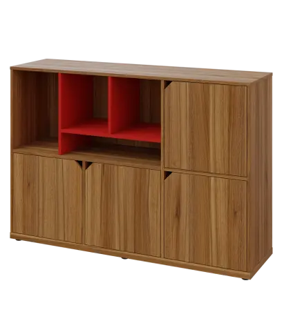 KU3-15DN4 L skříňka 4-dvéřová, niky, 1054x1522x400 mm, provedení levé, korpus a dvířka ořech světlý/police červená