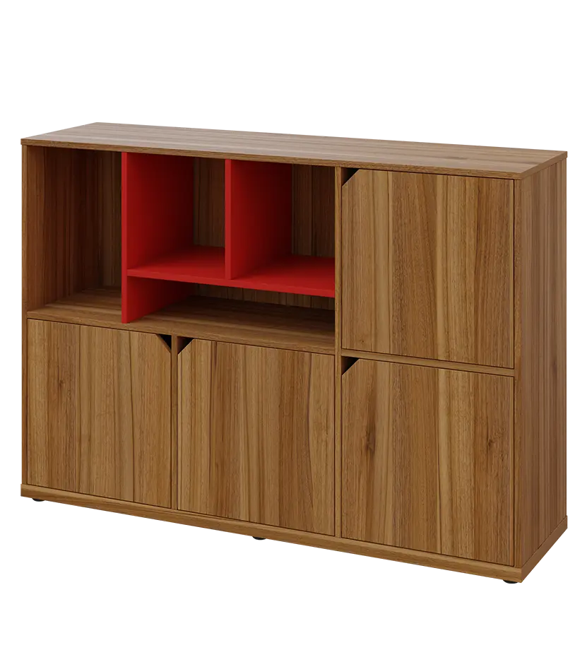 KU3-15DN4 L skříňka 4-dvéřová, niky, 1054x1522x400 mm, provedení levé, korpus a dvířka ořech světlý/police červená