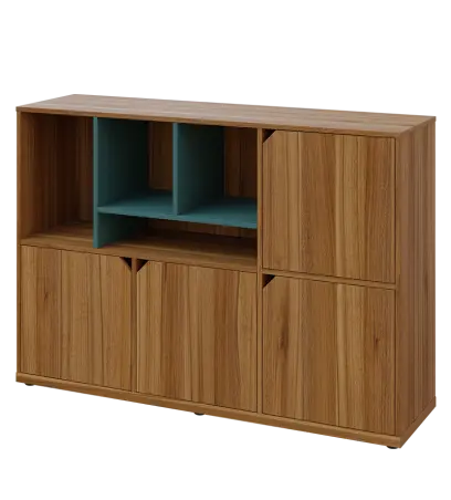 KU3-15DN4 L skříňka 4-dvéřová, niky, 1054x1522x400 mm, provedení levé, korpus a dvířka ořech světlý/police světle petrolejová