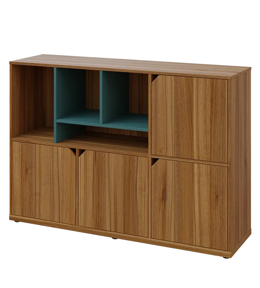 KU3-15DN4 L skříňka 4-dvéřová, niky, 1054x1522x400 mm, provedení levé, korpus a dvířka ořech světlý/police světle petrolejová