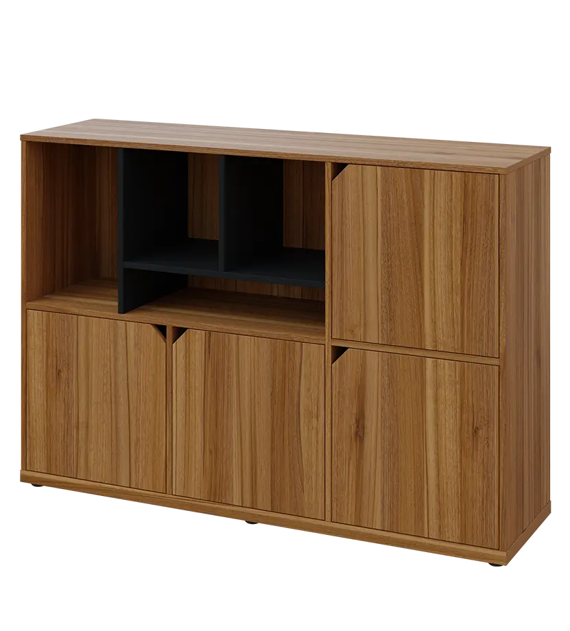 KU3-15DN4 L skříňka 4-dvéřová, niky, 1054x1522x400 mm, provedení levé, korpus a dvířka ořech světlý/police černá