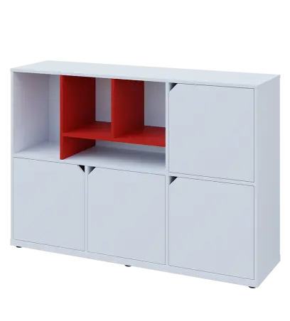 KU3-15DN4 L skříňka 4-dvéřová, niky, 1054x1522x400 mm, provedení levé, korpus a dvířka bílá sněžná/police červená