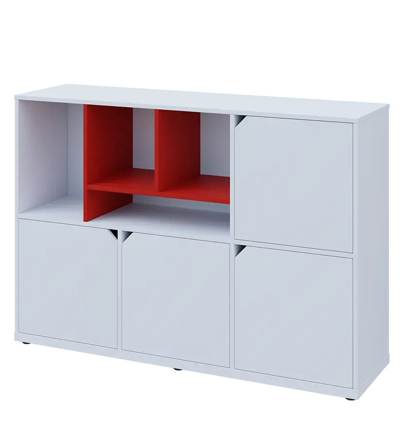 KU3-15DN4 L skříňka 4-dvéřová, niky, 1054x1522x400 mm, provedení levé, korpus a dvířka bílá sněžná/police červená