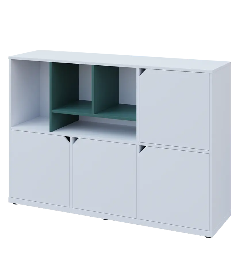 KU3-15DN4 L skříňka 4-dvéřová, niky, 1054x1522x400 mm, provedení levé, korpus a dvířka bílá sněžná/police světle petrolejová