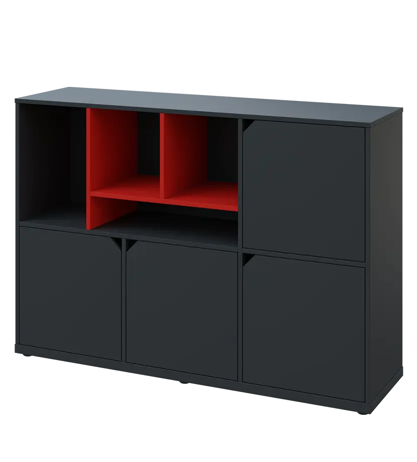 KU3-15DN4 L skříňka 4-dvéřová, niky, 1054x1522x400 mm, provedení levé, korpus a dvířka antracit/police červená