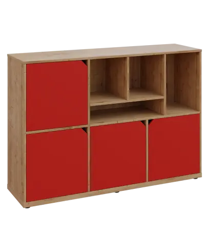 KU3-15DN4 P skříňka 4-dvéřová, niky, 1054x1522x400 mm, provedení pravé, dub lite/červená