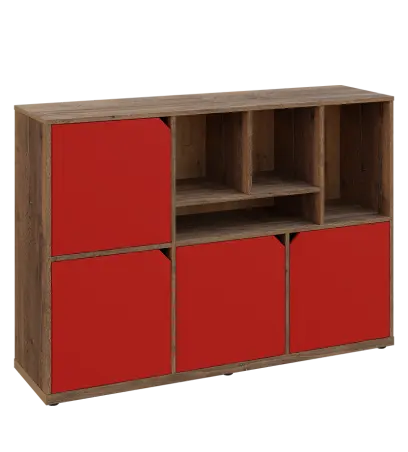 KU3-15DN4 P skříňka 4-dvéřová, niky, 1054x1522x400 mm, provedení pravé, dub halifax cínový/červená