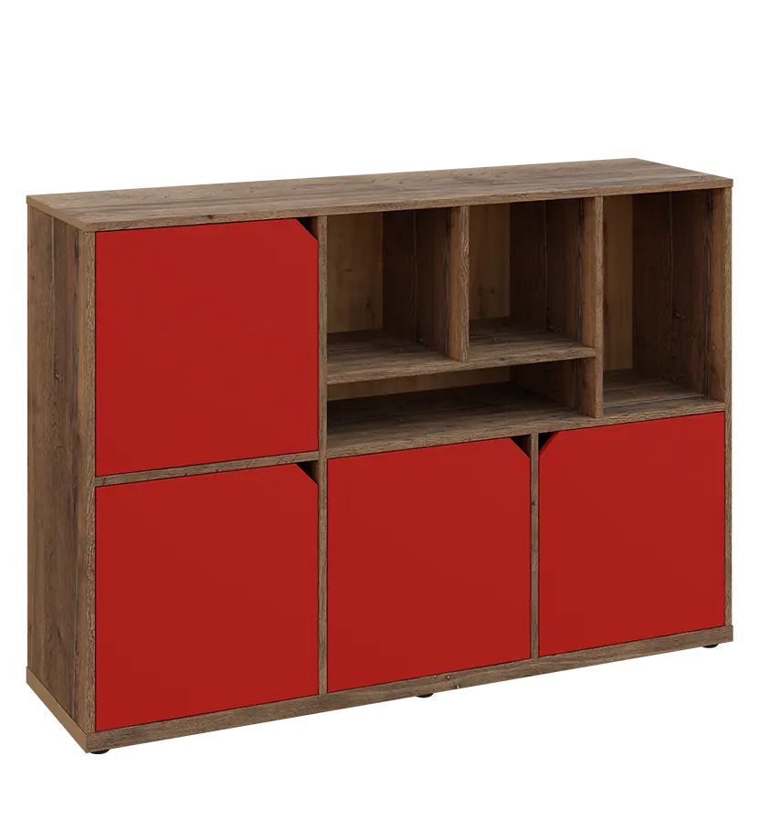 KU3-15DN4 P skříňka 4-dvéřová, niky, 1054x1522x400 mm, provedení pravé, dub halifax cínový/červená