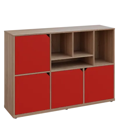 KU3-15DN4 P skříňka 4-dvéřová, niky, 1054x1522x400 mm, provedení pravé, dub bardolino/červená