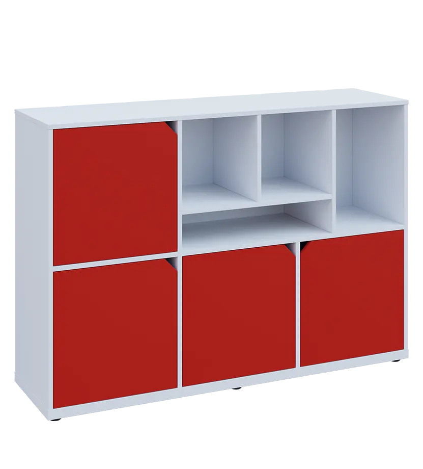 KU3-15DN4 P skříňka 4-dvéřová, niky, 1054x1522x400 mm, provedení pravé, bílá sněžná/červená