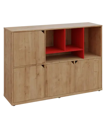 KU3-15DN4 P skříňka 4-dvéřová, niky, 1054x1522x400 mm, provedení pravé, korpus a dvířka dub lite/police červená