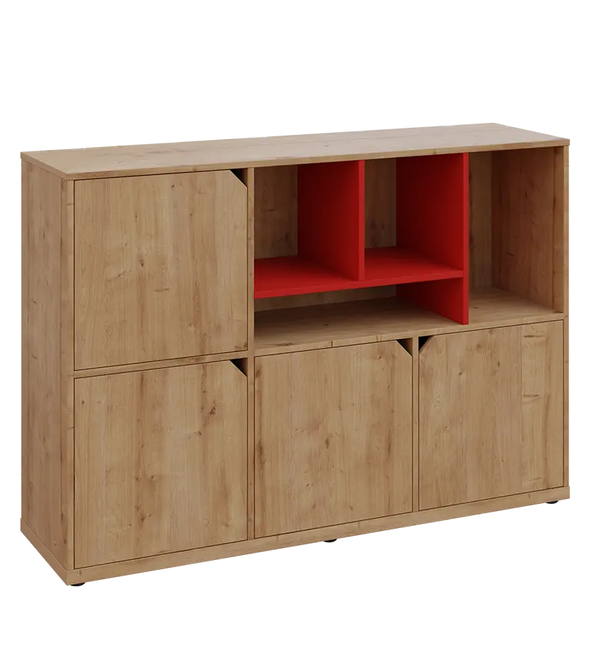 KU3-15DN4 P skříňka 4-dvéřová, niky, 1054x1522x400 mm, provedení pravé, korpus a dvířka dub lite/police červená