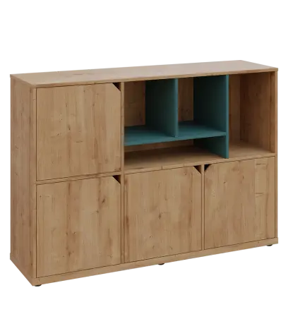 KU3-15DN4 P skříňka 4-dvéřová, niky, 1054x1522x400 mm, provedení pravé, korpus a dvířka dub lite/police světle petrolejová