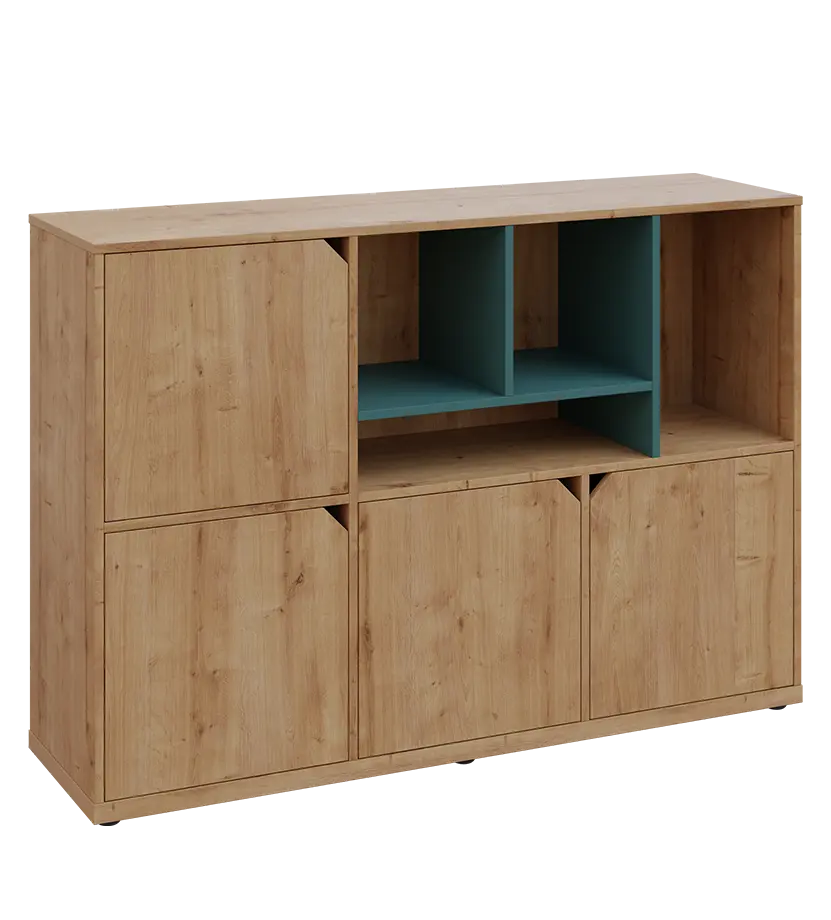 KU3-15DN4 P skříňka 4-dvéřová, niky, 1054x1522x400 mm, provedení pravé, korpus a dvířka dub lite/police světle petrolejová