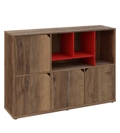 KU3-15DN4 P skříňka 4-dvéřová, niky, 1054x1522x400 mm, provedení pravé, korpus a dvířka dub halifax cínový/police červená