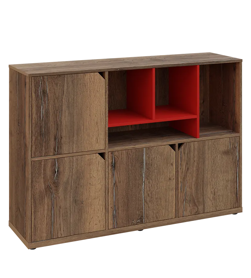 KU3-15DN4 P skříňka 4-dvéřová, niky, 1054x1522x400 mm, provedení pravé, korpus a dvířka dub halifax cínový/police červená