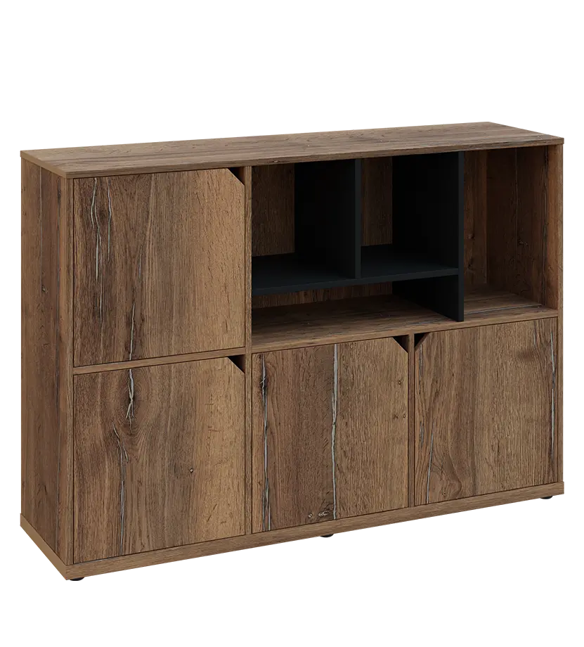 KU3-15DN4 P skříňka 4-dvéřová, niky, 1054x1522x400 mm, provedení pravé, korpus a dvířka dub halifax cínový/police černá