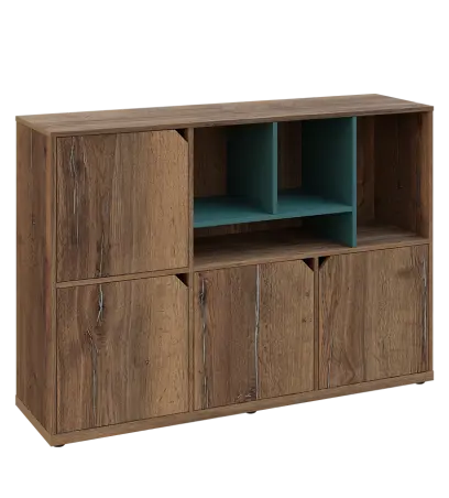 KU3-15DN4 P skříňka 4-dvéřová, niky, 1054x1522x400 mm, provedení pravé, korpus a dvířka dub halifax cínový/police světle petrolejová