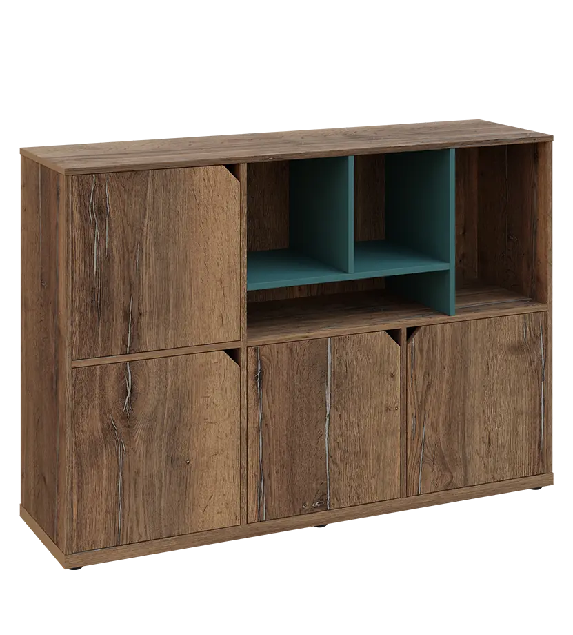 KU3-15DN4 P skříňka 4-dvéřová, niky, 1054x1522x400 mm, provedení pravé, korpus a dvířka dub halifax cínový/police světle petrolejová