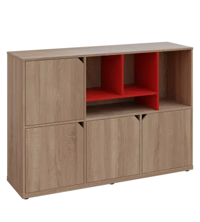 KU3-15DN4 P skříňka 4-dvéřová, niky, 1054x1522x400 mm, provedení pravé, korpus a dvířka dub bardolino/police červená