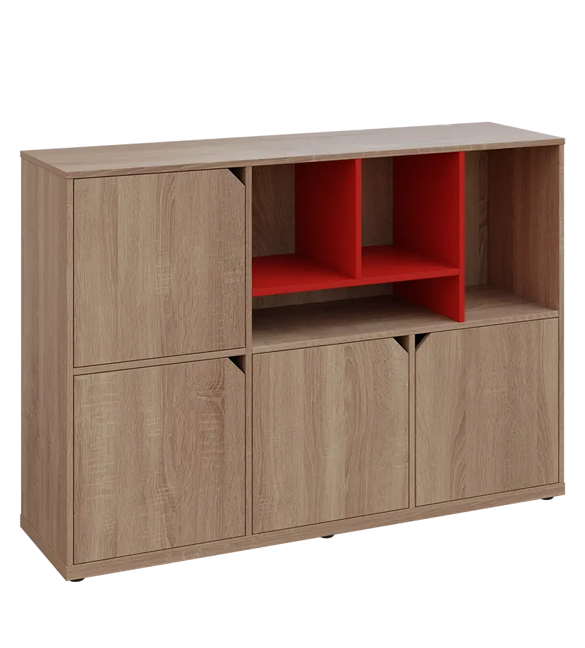 KU3-15DN4 P skříňka 4-dvéřová, niky, 1054x1522x400 mm, provedení pravé, korpus a dvířka dub bardolino/police červená