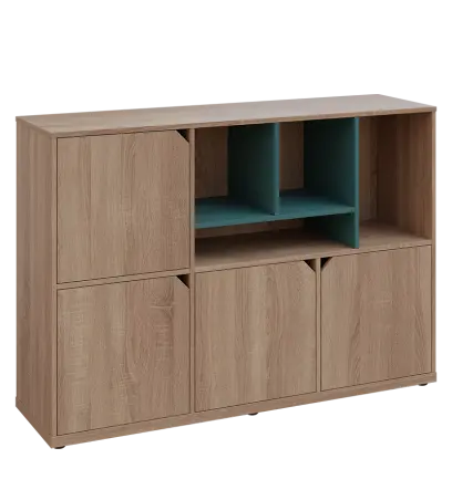 KU3-15DN4 P skříňka 4-dvéřová, niky, 1054x1522x400 mm, provedení pravé, korpus a dvířka dub bardolino/police světle petrolejová