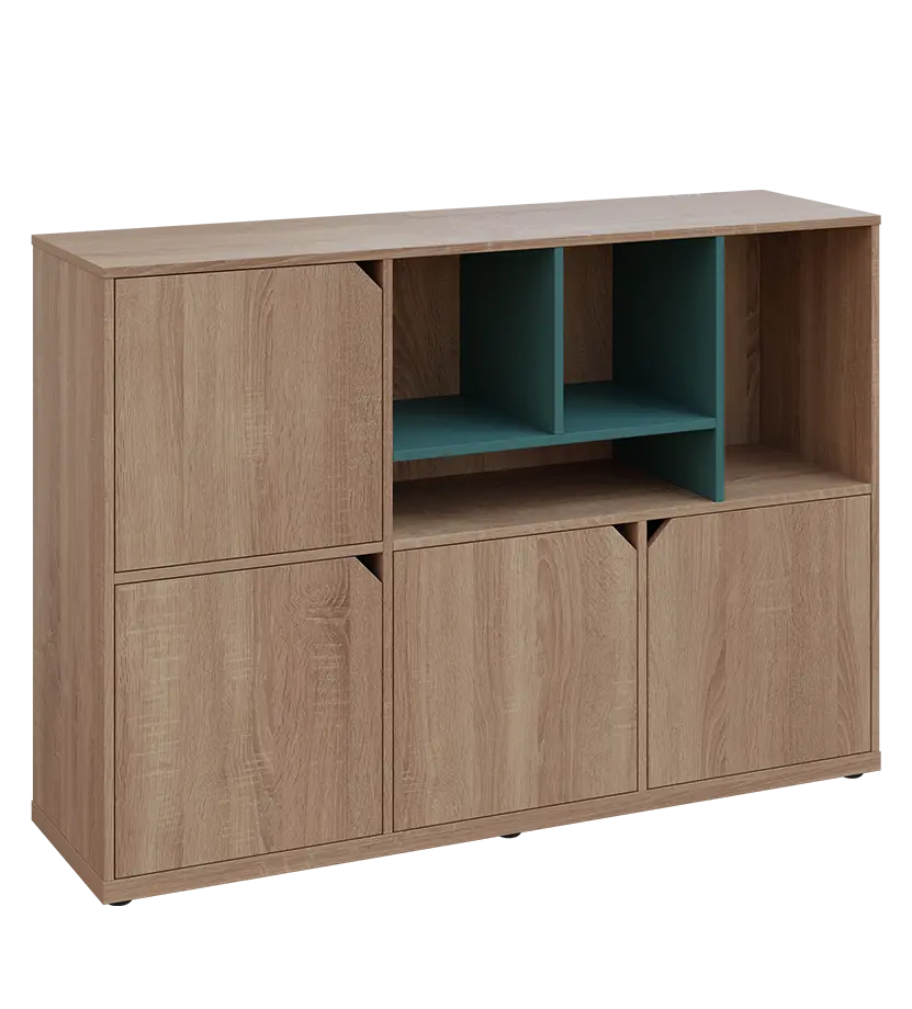 KU3-15DN4 P skříňka 4-dvéřová, niky, 1054x1522x400 mm, provedení pravé, korpus a dvířka dub bardolino/police světle petrolejová