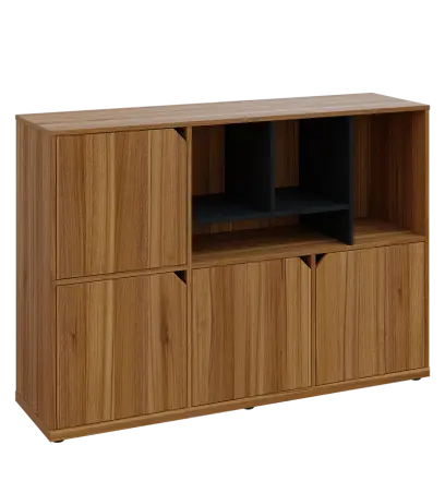 KU3-15DN4 P skříňka 4-dvéřová, niky, 1054x1522x400 mm, provedení pravé, korpus a dvířka ořech světlý/police černá