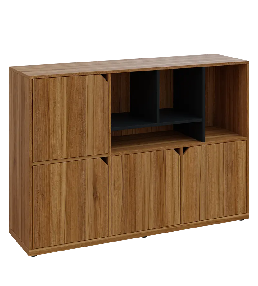 KU3-15DN4 P skříňka 4-dvéřová, niky, 1054x1522x400 mm, provedení pravé, korpus a dvířka ořech světlý/police černá