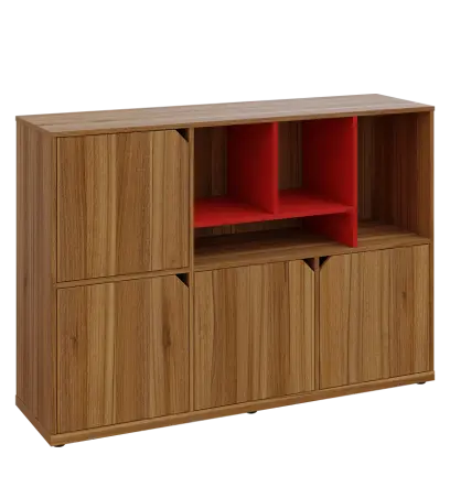 KU3-15DN4 P skříňka 4-dvéřová, niky, 1054x1522x400 mm, provedení pravé, korpus a dvířka ořech světlý/police červená