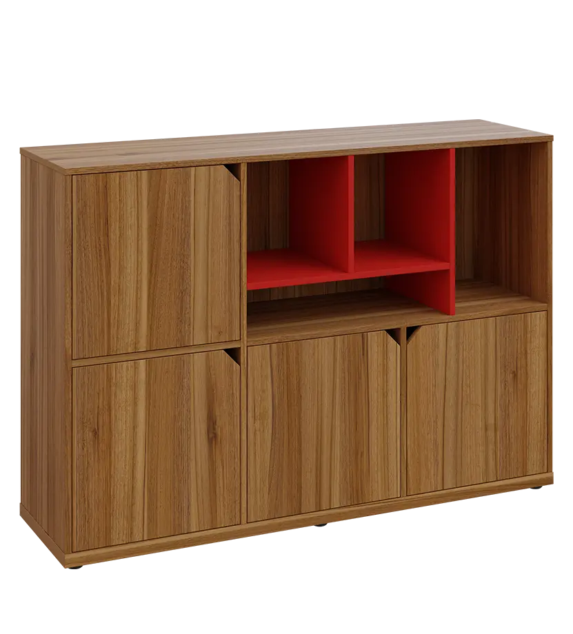 KU3-15DN4 P skříňka 4-dvéřová, niky, 1054x1522x400 mm, provedení pravé, korpus a dvířka ořech světlý/police červená