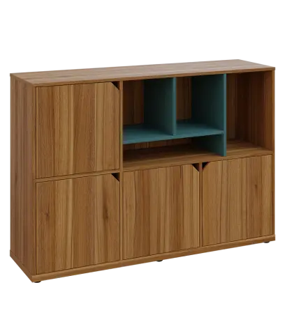 KU3-15DN4 P skříňka 4-dvéřová, niky, 1054x1522x400 mm, provedení pravé, korpus a dvířka ořech světlý/police světle petrolejová