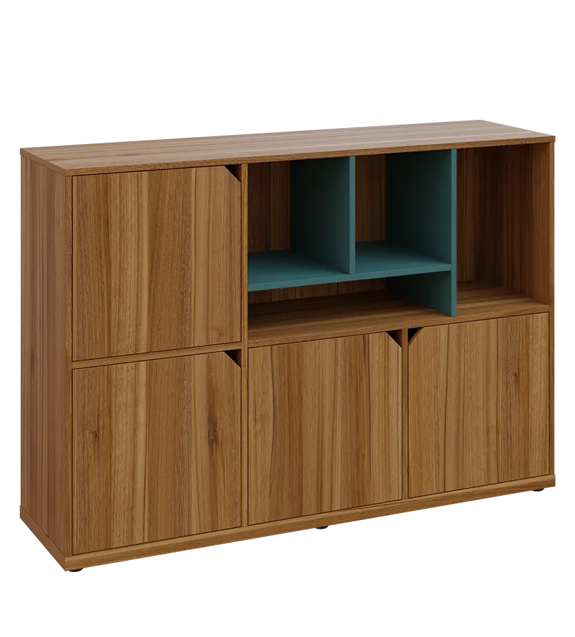 KU3-15DN4 P skříňka 4-dvéřová, niky, 1054x1522x400 mm, provedení pravé, korpus a dvířka ořech světlý/police světle petrolejová