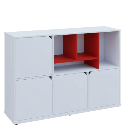 KU3-15DN4 P skříňka 4-dvéřová, niky, 1054x1522x400 mm, provedení pravé, korpus a dvířka bílá sněžná/police červená